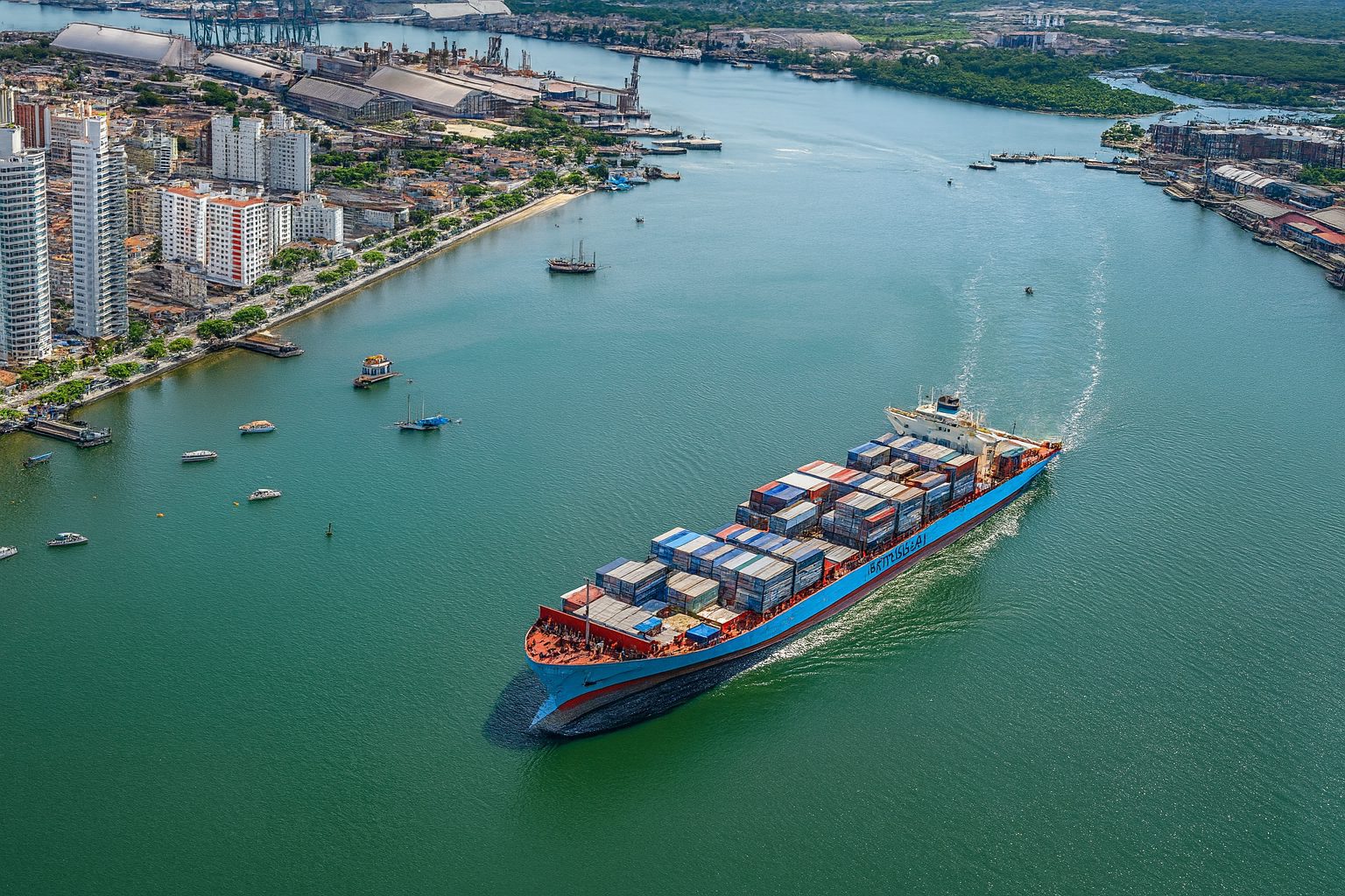 Container ship leaving port